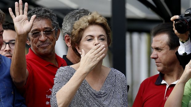 Dilma Rousseff blows a kiss to supporters after visiting former president Luiz Inacio Lula da Silva at his residence in Sao Bernardo do Campo on March 5.