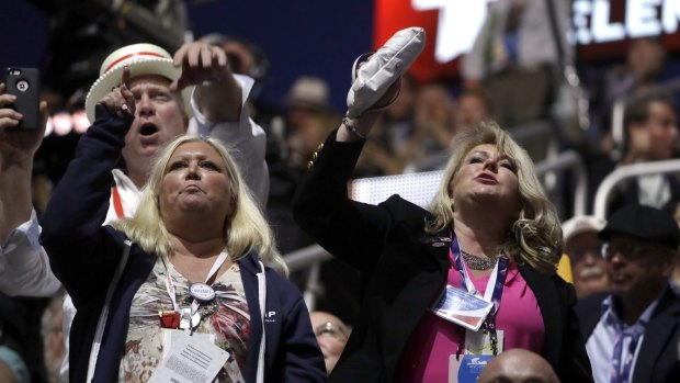 People react to Senator Ted Cruz during the third day of the Republican National Convention in Cleveland, Ohio.