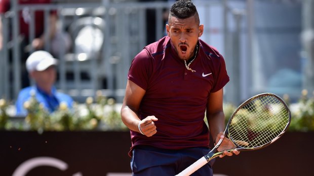 Talent: Nick Kyrgios celebrates victory over Salvatore Caruso in the first round of the Italian Open on Monday.