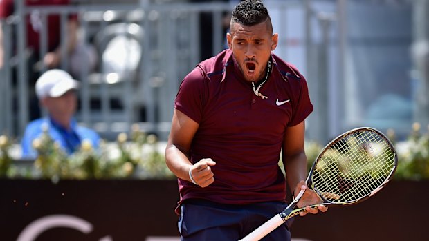 Talent: Nick Kyrgios celebrates victory over Salvatore Caruso in the first round of the Italian Open on Monday.