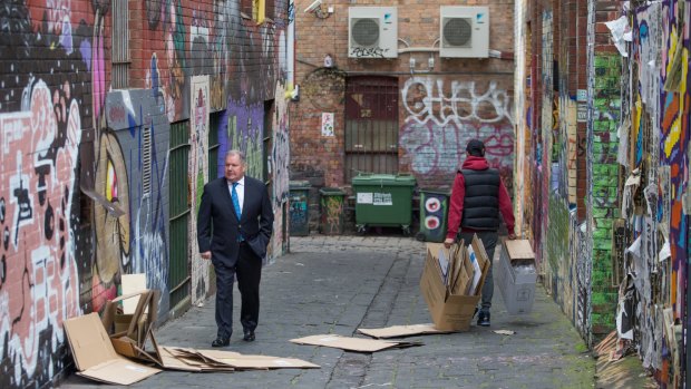 Lord Mayor Robert Doyle in a lane behind the council-owned "Munro site". Melbourne City Council wants to redevelop the site as part of its revamp of Queen Victoria Market. 