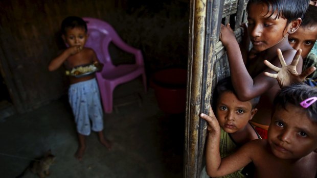 Rohingya children at a refugee camp outside Sittwe, Myanmar, on Wednesday.