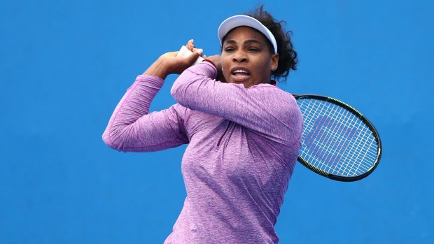 Serena Williams practises at Melbourne Park on Sunday.
