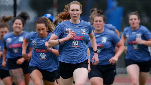 Tiarna Ernst leads the pack at Bulldogs training