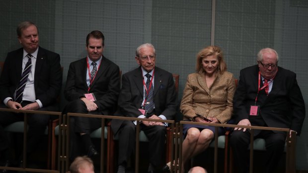 Former Treasurer Peter Costello with friends and family of Harold Holt during Question Time in Canberra.