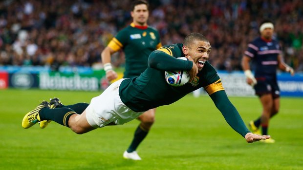 Bryan Habana goes over to score his second try and South Africa's sixth during the match between South Africa and USA.