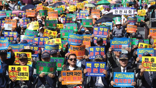 Members of the Korean Veterans Association denouncing North Korea's nuclear and missile provocation in Seoul, South Korea, on Tuesday.