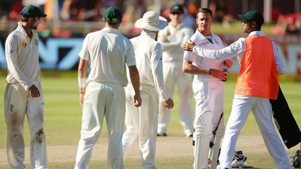 Flashpoint: Dale Steyn argues with Michael Clarke and James Pattinson on the fifth day of the Third Test between South Africa and Australia in Cape Town in March.