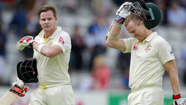 Steve Smith (left) and Chris Rogers shared an unbeaten 259-run partnership to lead Australia to 1-337 after day one of the second Ashes Test.