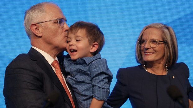 Prime Minister Malcolm Turnbull with his grandson Jack and wife Lucy at the party launch in Homebush, Sydney.