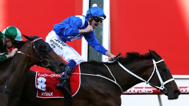 Returning: Hugh Bowman and Winx win the Cox Plate last October.