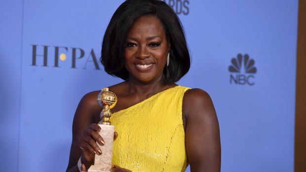 Viola Davis with her Golden Globe for best supporting actress.