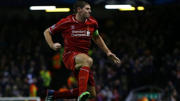 Jumping for joy: Liverpool's Steven Gerrard celebrates his goal against FC Basel at Anfield.

