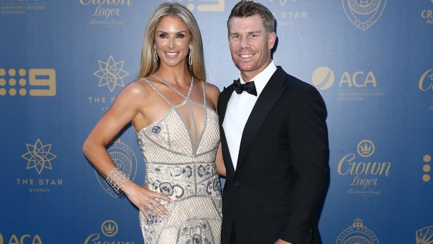 Winner: David Warner arrives at The Star with wife Candice Warner for the Allan Border Medal ceremony.