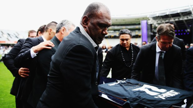 Joeli Vidiri carries Jonah Lomu's casket at the rugby great's public memorial in Eden Park last year.