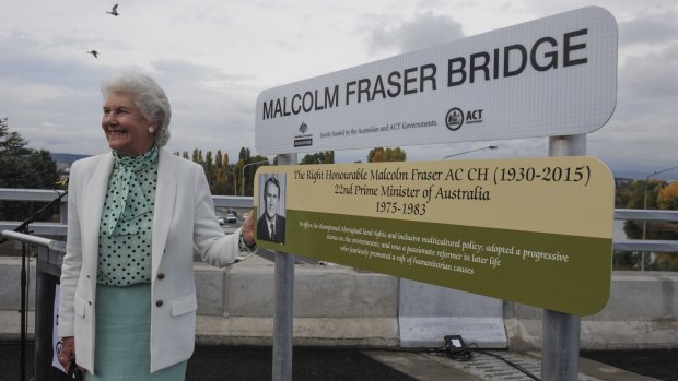 Tamie Fraser at the official opening of the Malcolm Fraser Bridge, part of the Majura Parkway project.