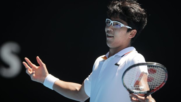 Hyeon Chung in action. Tennys Sandgren vs Hyeon Chung at the Rod Laver Arena.
