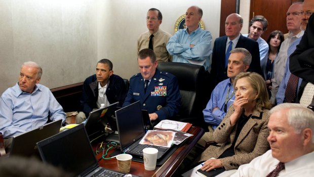 Barack Obama and his national security team, including Joe Biden and Hillary Clinton, in the Situation Room on May 1, 2011, as the raid on the bin Laden compound took place.