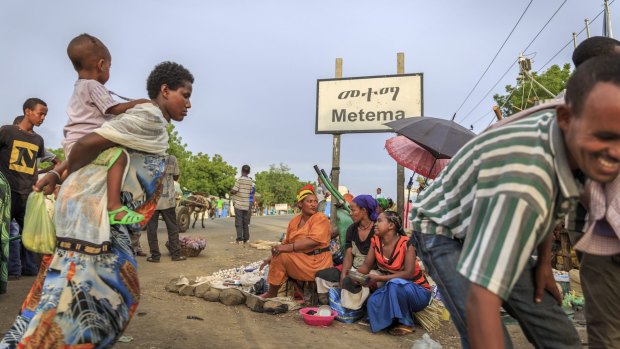 Women sell foodstuffs in Metema, in north-western Ethiopia, a crossroads for migrants from Ethiopia, Eritrea, Somalia and Sudan hoping to go to Europe.