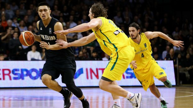 Talented: Reuben Te Rangi is challenged by Cameron Bairstow during game two between the New Zealand Tall Blacks and Australian Boomers at TSB Bank Arena in August.