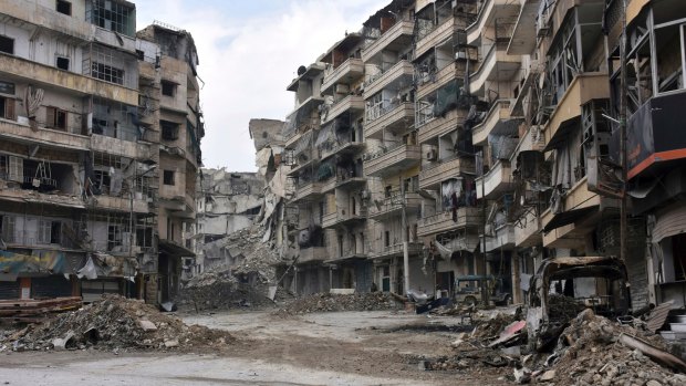 Damaged buildings in the Sukkari neighbourhood in east Aleppo on Friday.