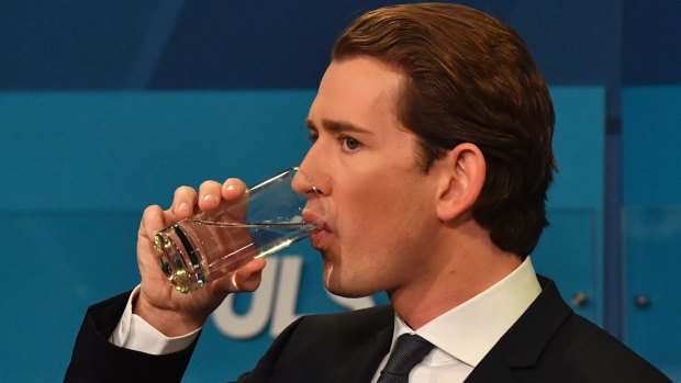 Foreign Minister Sebastian Kurz, head of Austrian People's Party, during a TV interview in Vienna after polls closed on Sunday.