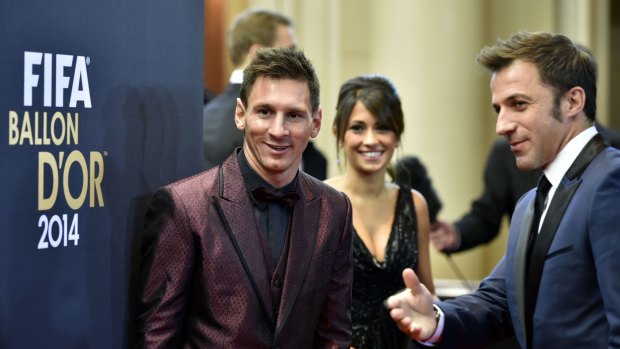 I hear you might be looking for a new club: Alessandro del Piero and Lionel Messi at the Ballon d'Or presentation.