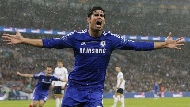 Chelsea's Diego Costa celebrates his side's second goal against Spurs in the League Cup Final at Wembley on Sunday.