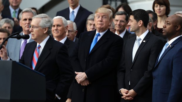 From left: Senate Majority leader Mitch McConnell heaps praise on Trump as Vice President Mike Pence, the President and House Speaker Paul Ryan listen.