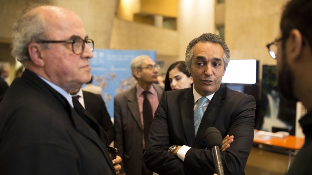 The Palestinian and Jordanian ambassadors to UNESCO talk to reporters after the UN's cultural body passed a resolution on conservation of Jerusalem's Old City, which Palestinians claim as their capital. The resolution was condemned by Israeli officials.