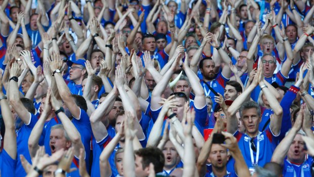 Iceland fans perform their famous 'hu'-chant prior to the group D match between Argentina and Iceland at the 2018 soccer World Cup in Russia. Iceland is the smallest country to ever qualify for the World Cup.