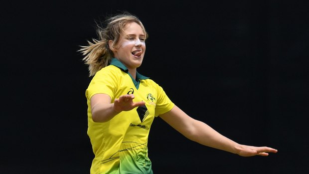 Ellyse Perry celebrates the wicket of Katherine Brunt.