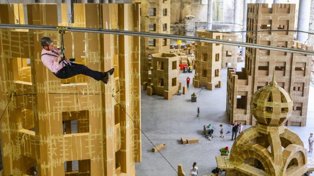 Arts Minister Troy Grant on the flying fox built for the Sydney Festival at Barangaroo.