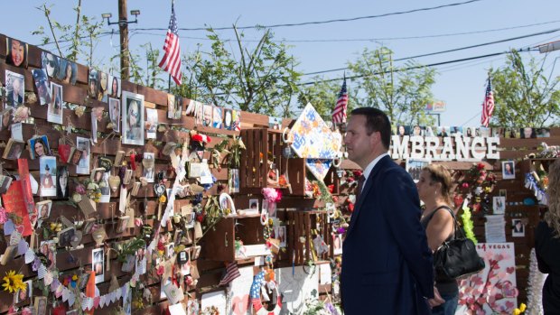 Australian Trade Minister Steven Ciobo attends a memorial in Las Vegas for the 58 victims of the October 1 mass shooting.
