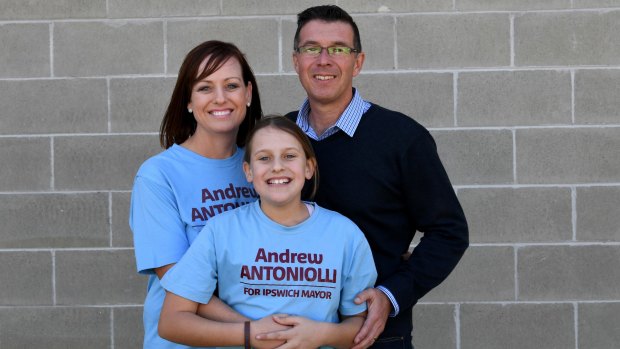 Ipswich's new mayor Andrew Antoniolli, with wife Karina and one of their five daughters, Sienna.