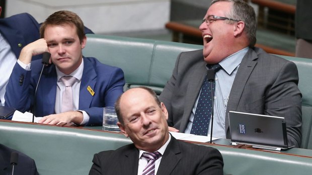 Coalition MPs Wyatt Roy and Ewen Jones during question time.