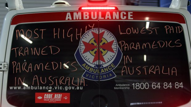 Slogans on vehicles at Warrnambool Ambulance before the last state election. 
