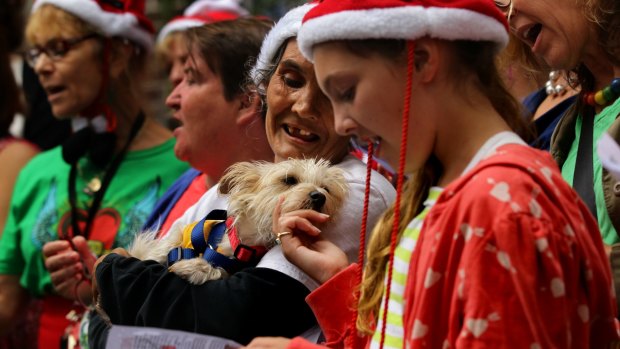 Lani McLachlan with her dog Tiffany sings in the Wayside Chapel choir (2nd from right) at the Wayside Chapel Christmas Day service and street party in Sydney in 2013.