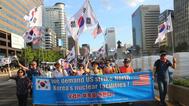 Supporters of former South Korean president Park Geun-hye at a rally urging the deployment of the THAAD missile defence system in Seoul on Saturday.