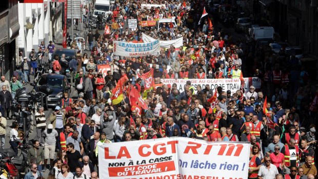 Unionised workers demonstrate in Marseille against changes they fear corrode hard-fought job security. 