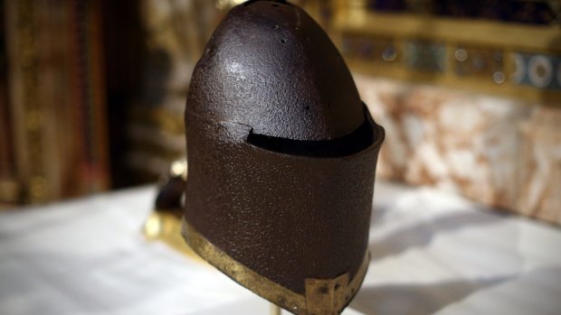 A helmet once owned by King Henry V is displayed at Westminster Abbey during the commemoration service. 