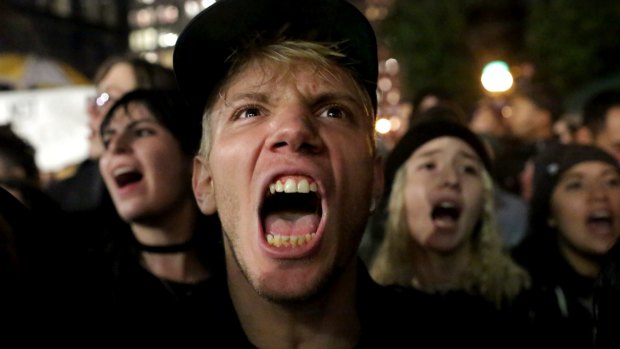 Demonstrators protest against Donald Trump's victory in New York on November 9.