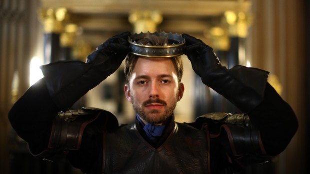 Royal Shakespeare Company actor Sam Marks, dressed as King Henry V, before performing the St Crispin's Day speech at Westminster Abbey on Thursday. 