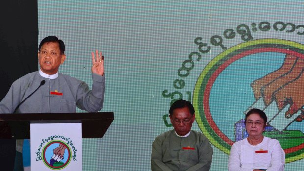 Tin Aye, chairman of the country's election commission, at an event to announce  results in the capital Naypyitaw on Tuesday. 