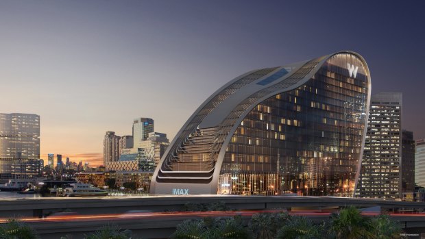 An artist's impression of the The Ribbon W Hotel being constructed at Darling Harbour, Sydney