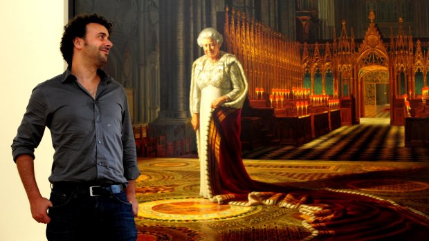 Ralph Heimans poses by his portrait of Queen Elizabeth II  at the National Portrait Gallery, in Canberra in 2013.