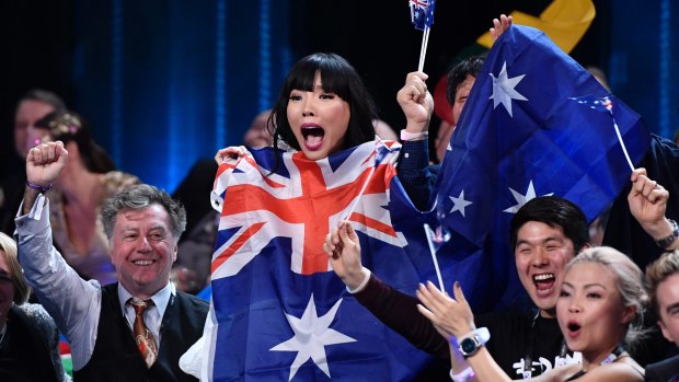 Australia's Dami Im celebrates as she learns the results during the Eurovision Song Contest final in Stockholm last year. She came second.