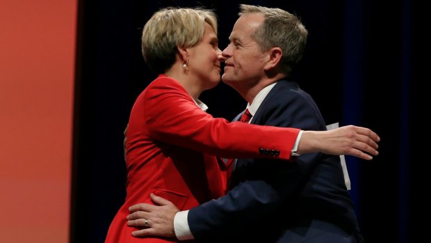 Deputy Opposition Leader Tanya Plibersek and Opposition Leader Bill Shorten embrace after debating the party's position on same-sex marriage.