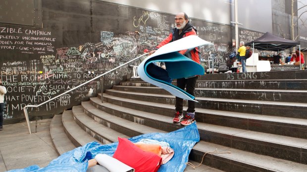 In Sydney, a group of homeless people have just been removed from Martin Place. The leader of the "tent city" is Lanz Priestly, pictured.
