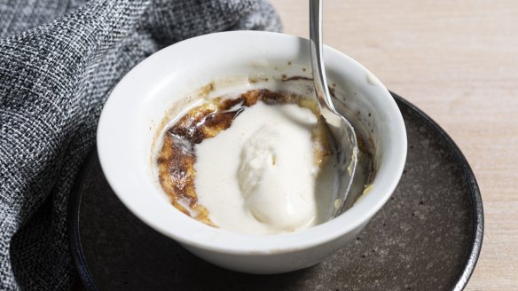 Piping-hot rhubarb clafoutis.